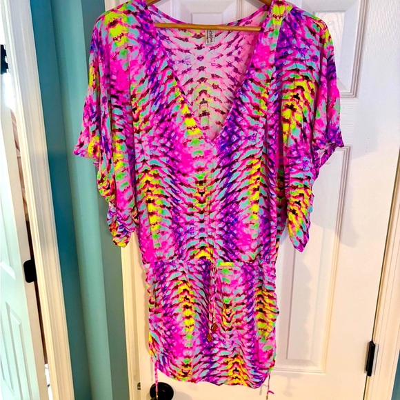 Luli Fama Vibrant Pink and Yellow Women's Swim Cover-Up - Picture 3 of 3